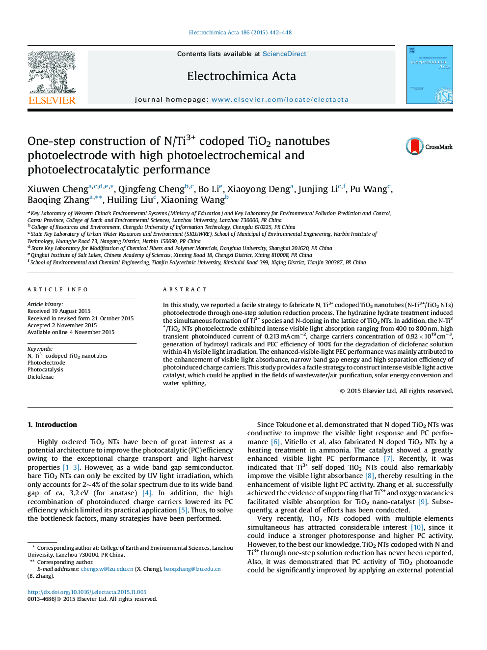 One-step construction of N/Ti3+ codoped TiO2 nanotubes photoelectrode with high photoelectrochemical and photoelectrocatalytic performance