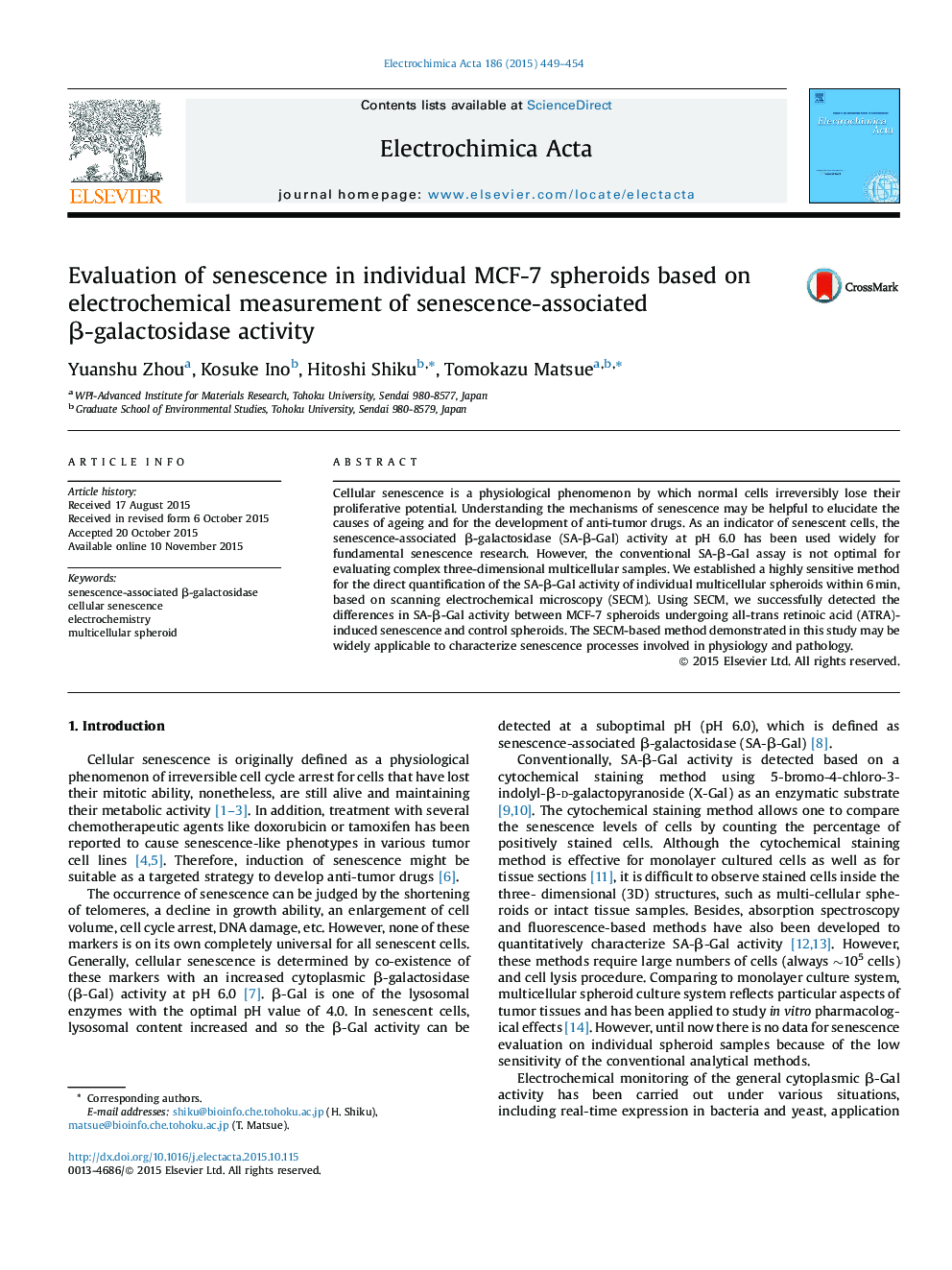 Evaluation of senescence in individual MCF-7 spheroids based on electrochemical measurement of senescence-associated β-galactosidase activity