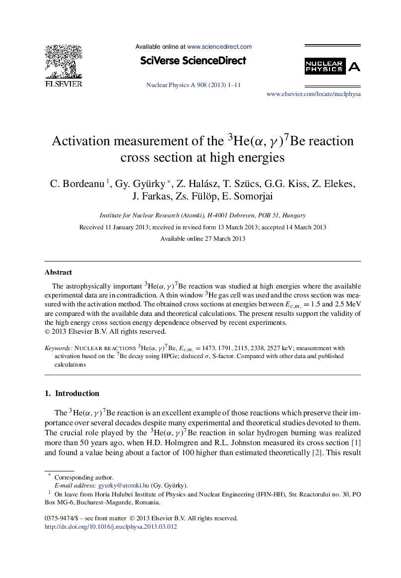 Activation measurement of the He3(α,γ)Be7 reaction cross section at high energies