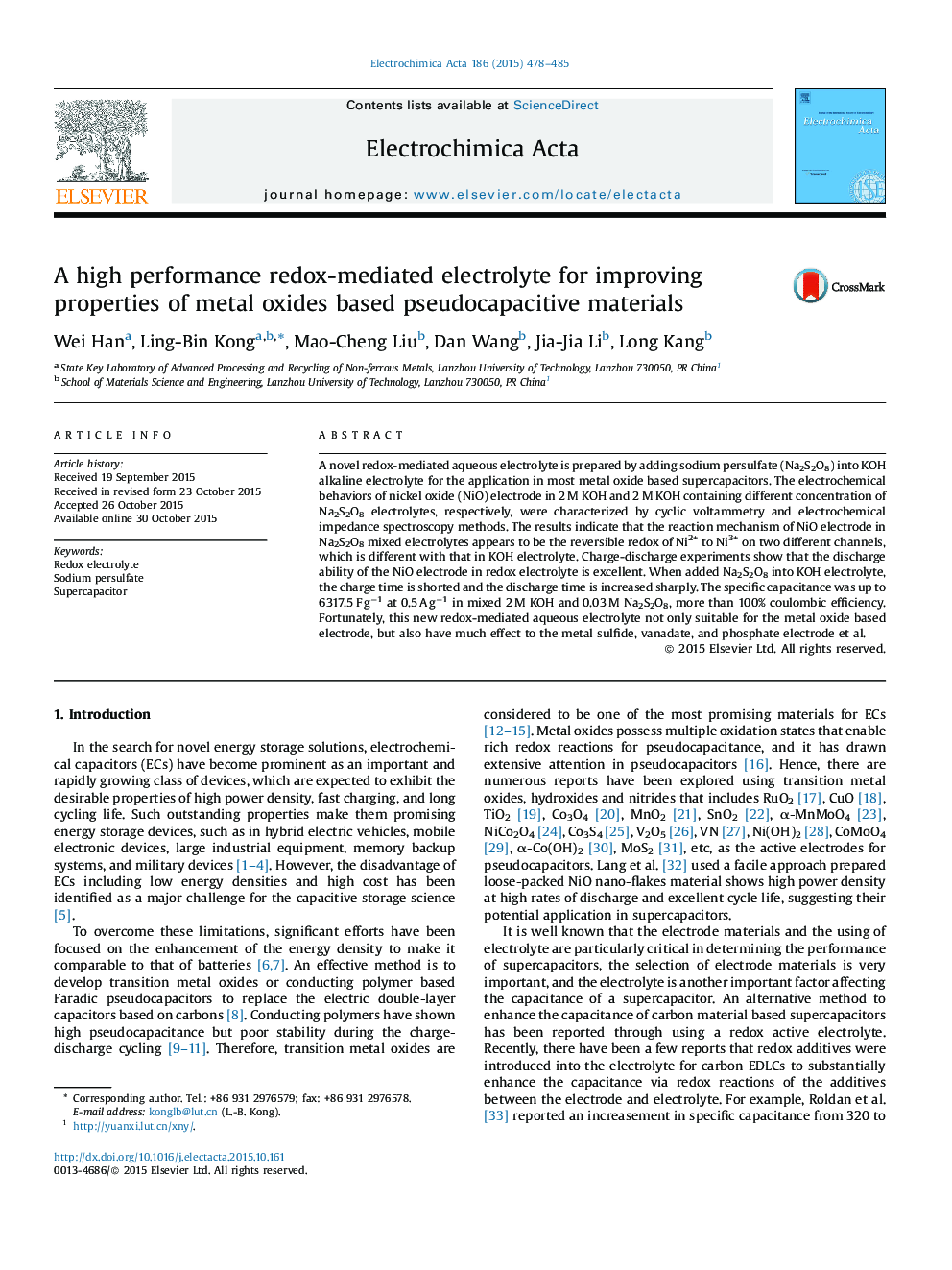 A high performance redox-mediated electrolyte for improving properties of metal oxides based pseudocapacitive materials