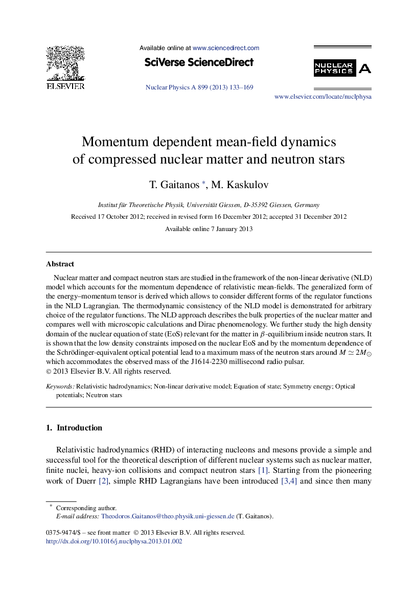 عکس صفحه اول مقاله: Momentum dependent mean-field dynamics of compressed nuclear matter and neutron stars Momentum dependent mean-field dynamics of compressed nuclear matter and neutron stars
