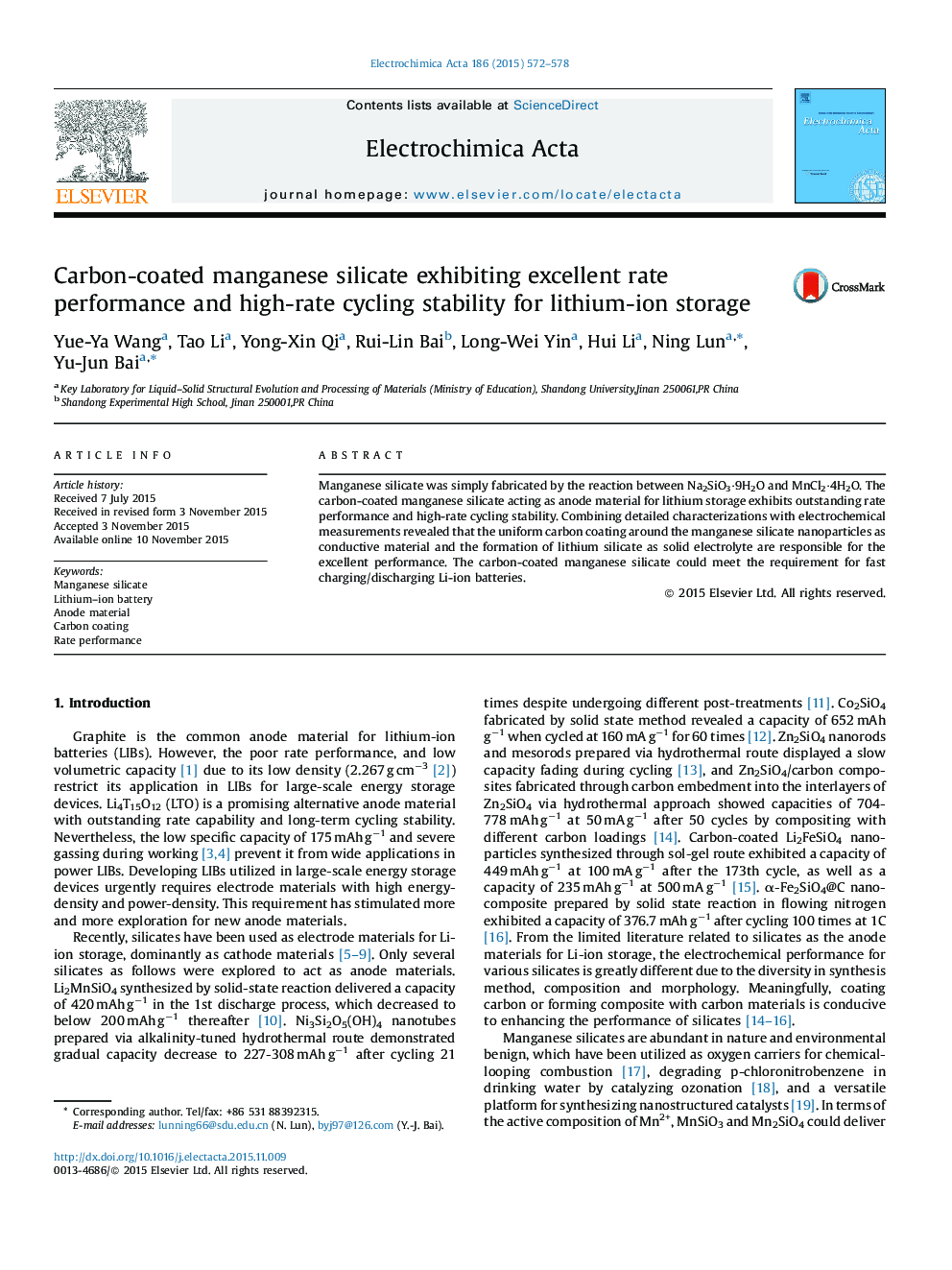 Carbon-coated manganese silicate exhibiting excellent rate performance and high-rate cycling stability for lithium-ion storage