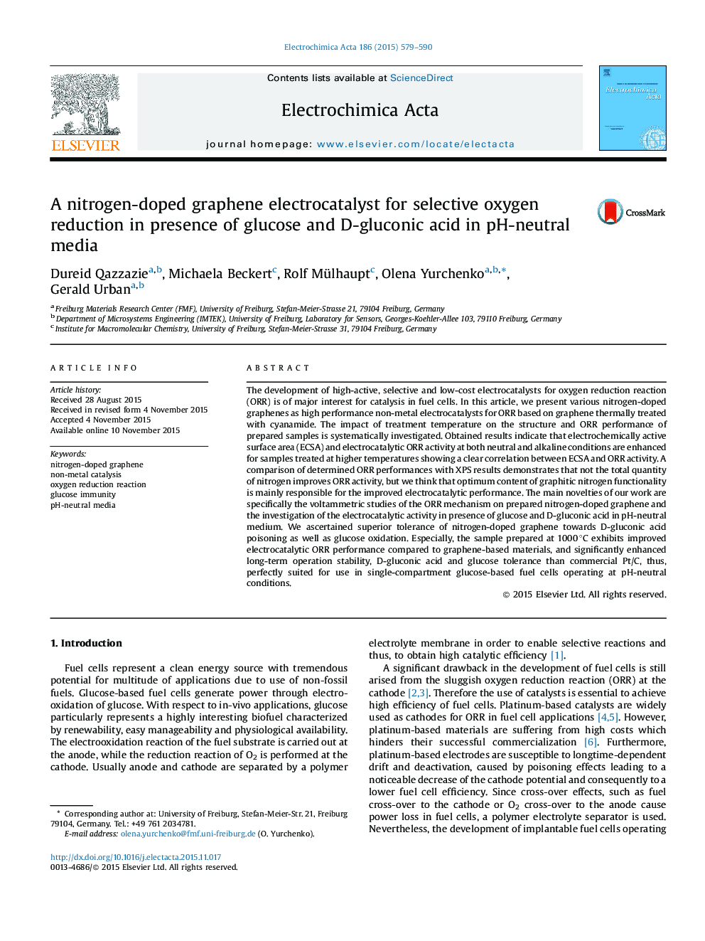 A nitrogen-doped graphene electrocatalyst for selective oxygen reduction in presence of glucose and D-gluconic acid in pH-neutral media