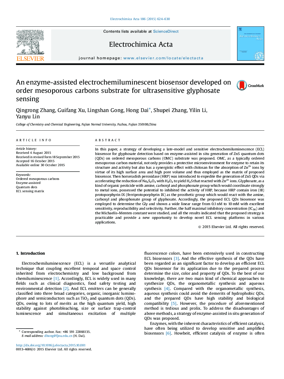 An enzyme-assisted electrochemiluminescent biosensor developed on order mesoporous carbons substrate for ultrasensitive glyphosate sensing