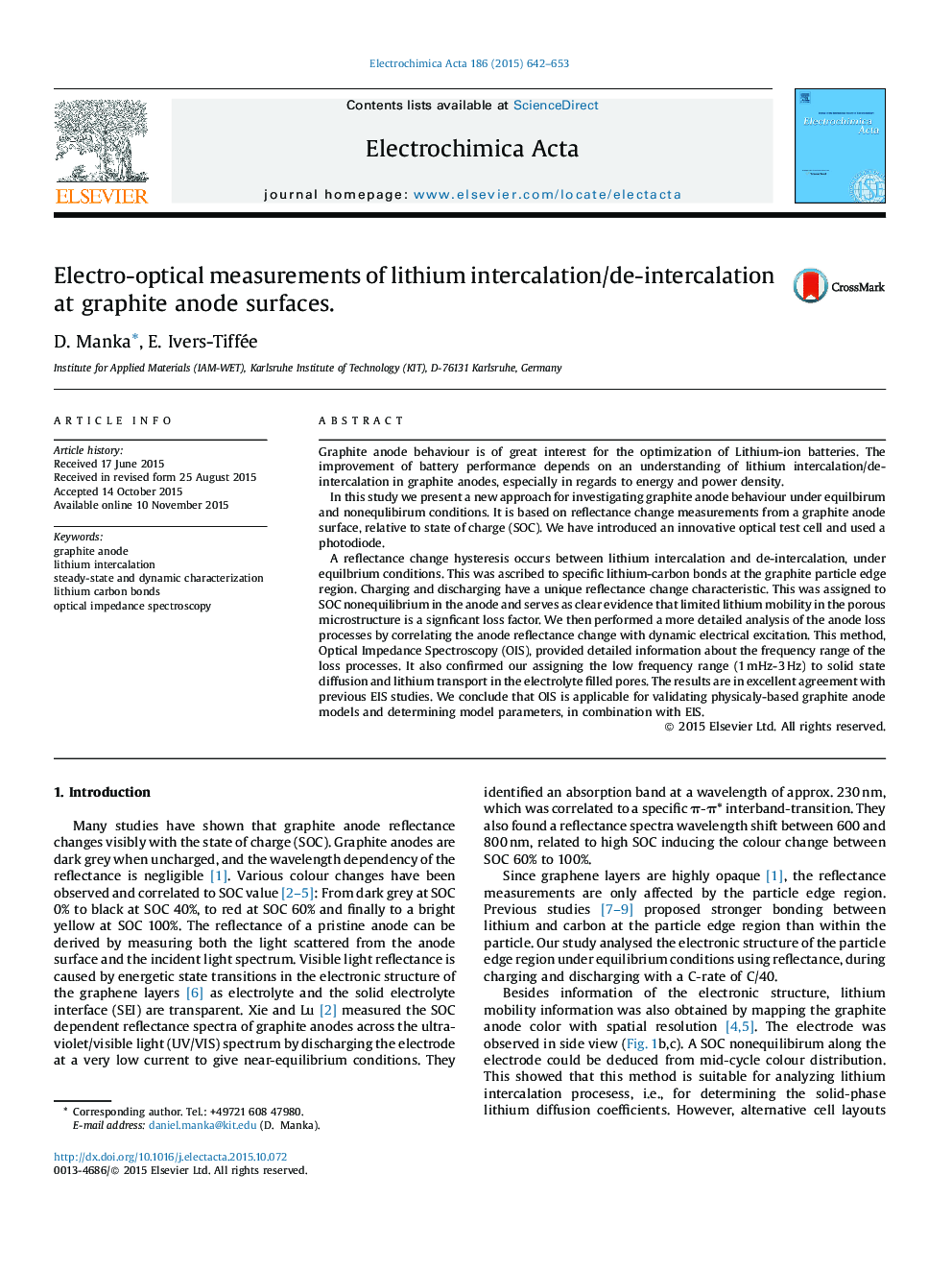 Electro-optical measurements of lithium intercalation/de-intercalation at graphite anode surfaces.