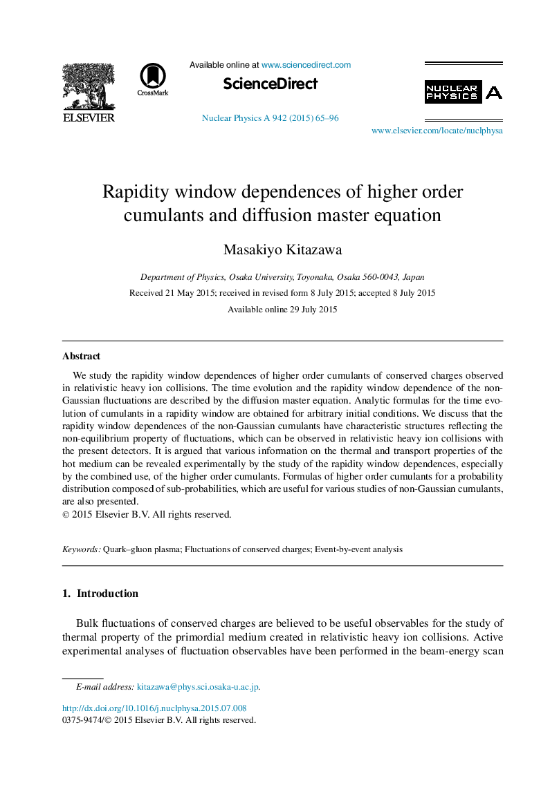 Rapidity window dependences of higher order cumulants and diffusion master equation