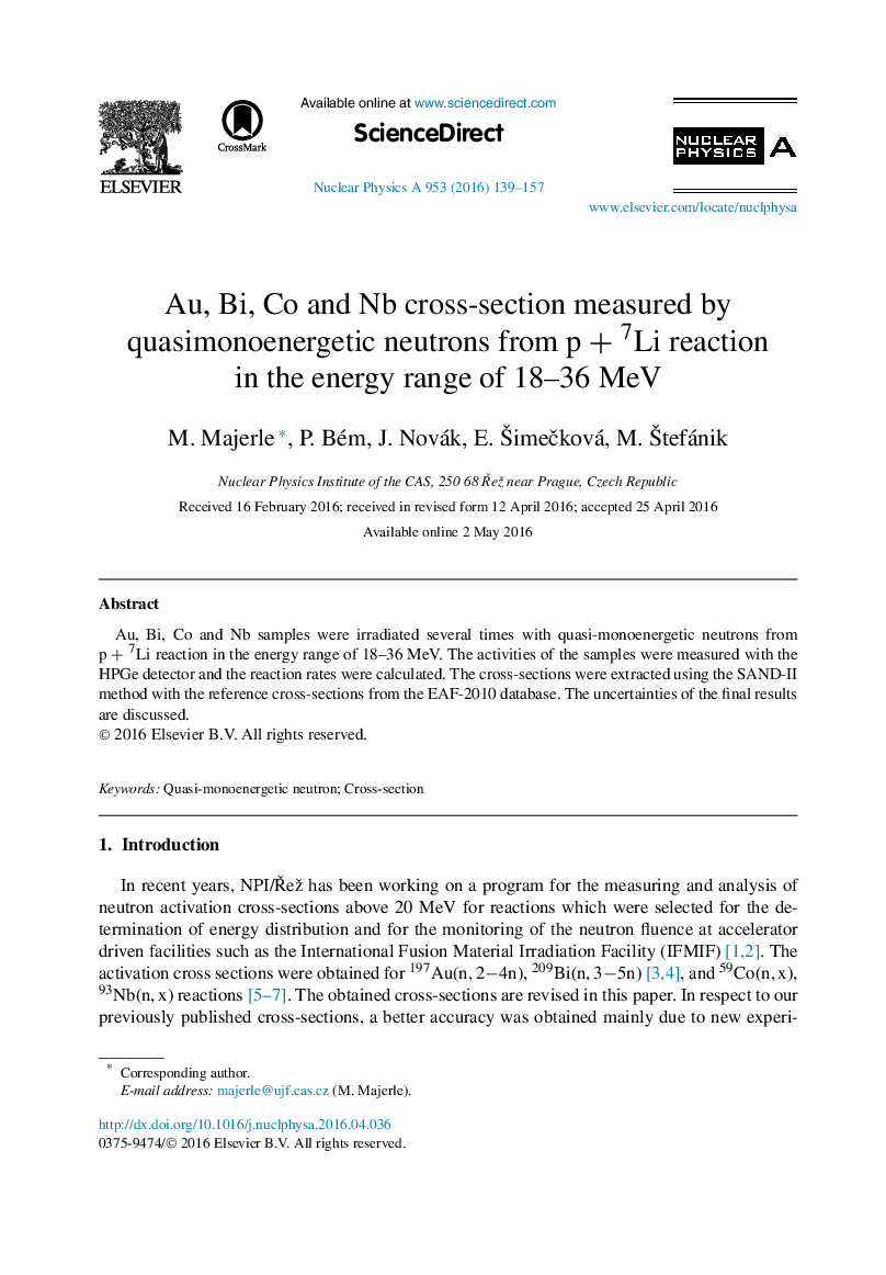 Au, Bi, Co and Nb cross-section measured by quasimonoenergetic neutrons from p + 7Li reaction in the energy range of 18-36 MeV