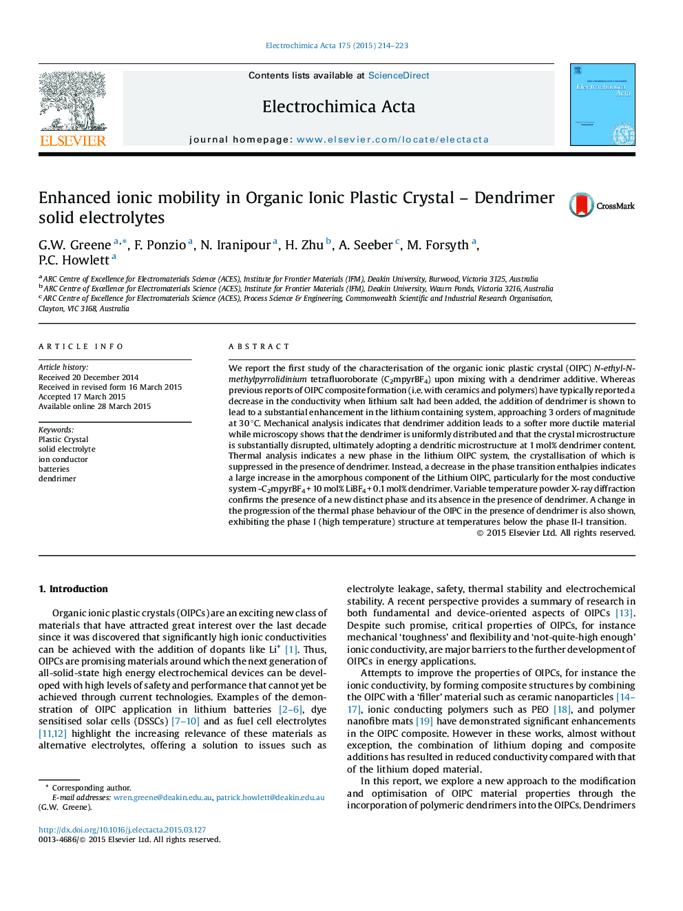 Enhanced ionic mobility in Organic Ionic Plastic Crystal – Dendrimer solid electrolytes