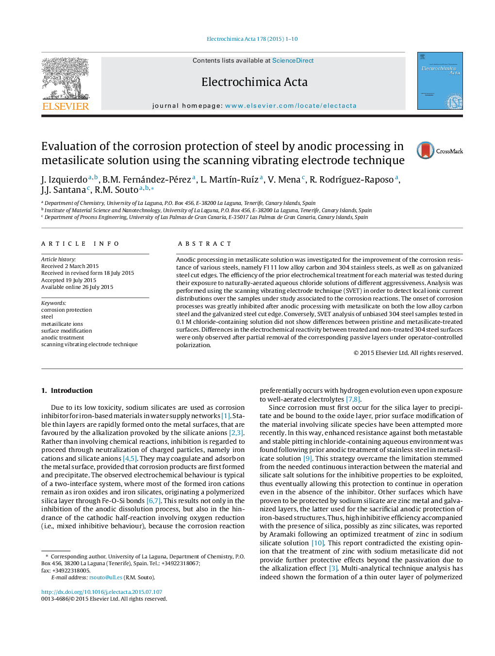 Evaluation of the corrosion protection of steel by anodic processing in metasilicate solution using the scanning vibrating electrode technique