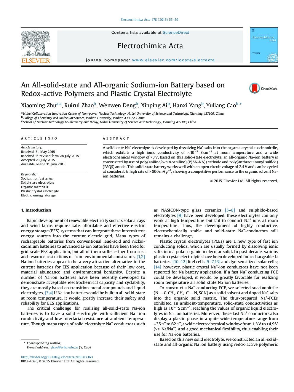 An All-solid-state and All-organic Sodium-ion Battery based on Redox-active Polymers and Plastic Crystal Electrolyte