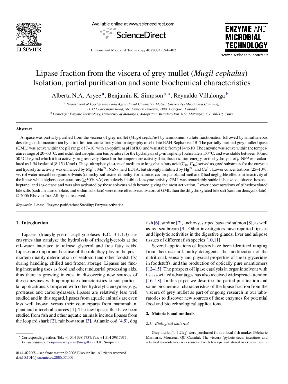 Lipase fraction from the viscera of grey mullet (Mugil cephalus): Isolation, partial purification and some biochemical characteristics