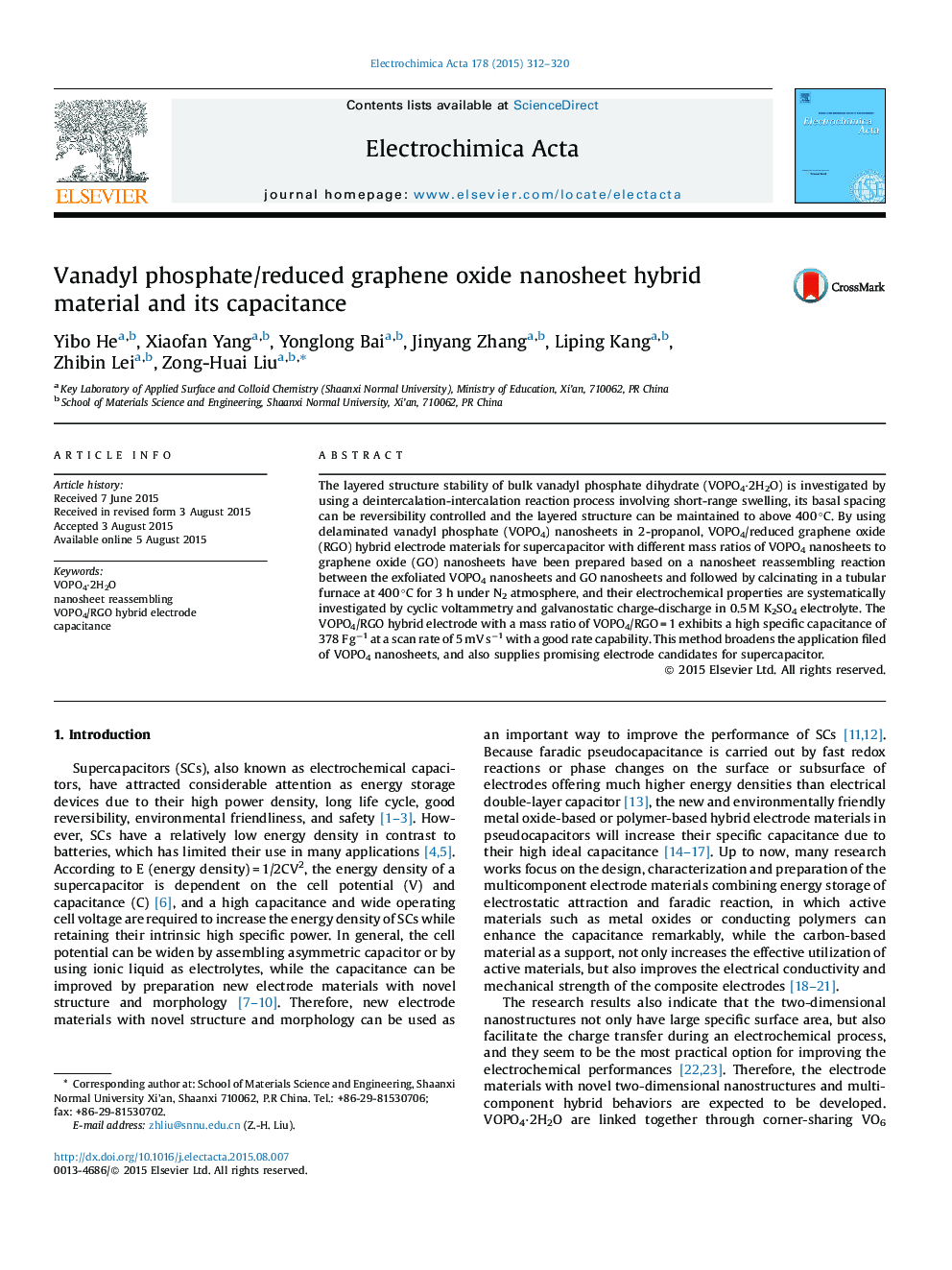 Vanadyl phosphate/reduced graphene oxide nanosheet hybrid material and its capacitance