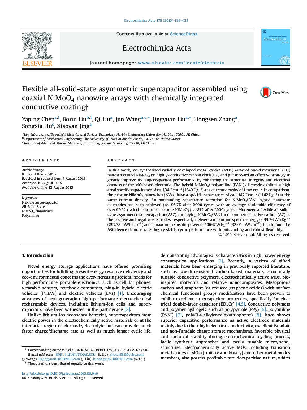 Flexible all-solid-state asymmetric supercapacitor assembled using coaxial NiMoO4 nanowire arrays with chemically integrated conductive coating†