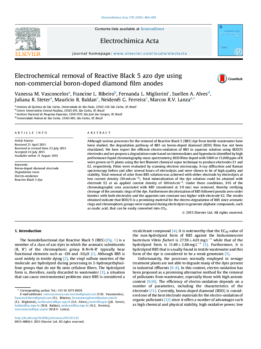 Electrochemical removal of Reactive Black 5 azo dye using non-commercial boron-doped diamond film anodes