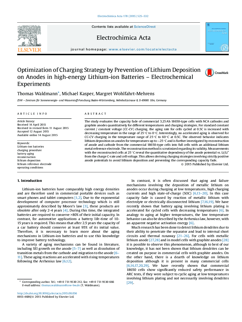 Optimization of Charging Strategy by Prevention of Lithium Deposition on Anodes in high-energy Lithium-ion Batteries – Electrochemical Experiments