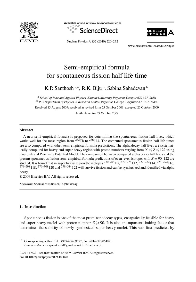 Semi-empirical formula for spontaneous fission half life time
