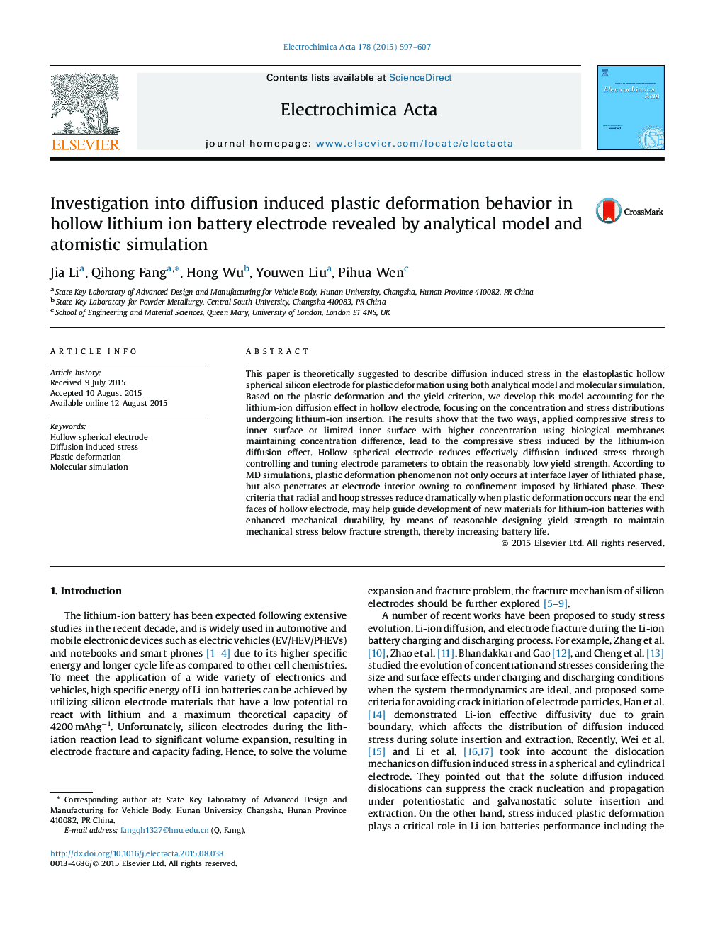 Investigation into diffusion induced plastic deformation behavior in hollow lithium ion battery electrode revealed by analytical model and atomistic simulation