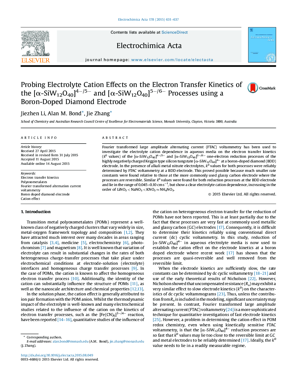 Probing Electrolyte Cation Effects on the Electron Transfer Kinetics of the [α-SiW12O40]4−/5− and [α-SiW12O40]5−/6− Processes using a Boron-Doped Diamond Electrode