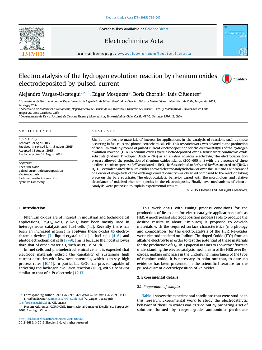 Electrocatalysis of the hydrogen evolution reaction by rhenium oxides electrodeposited by pulsed-current