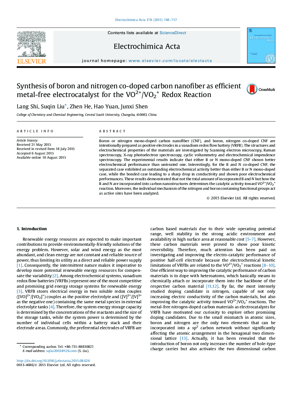 Synthesis of boron and nitrogen co-doped carbon nanofiber as efficient metal-free electrocatalyst for the VO2+/VO2+ Redox Reaction