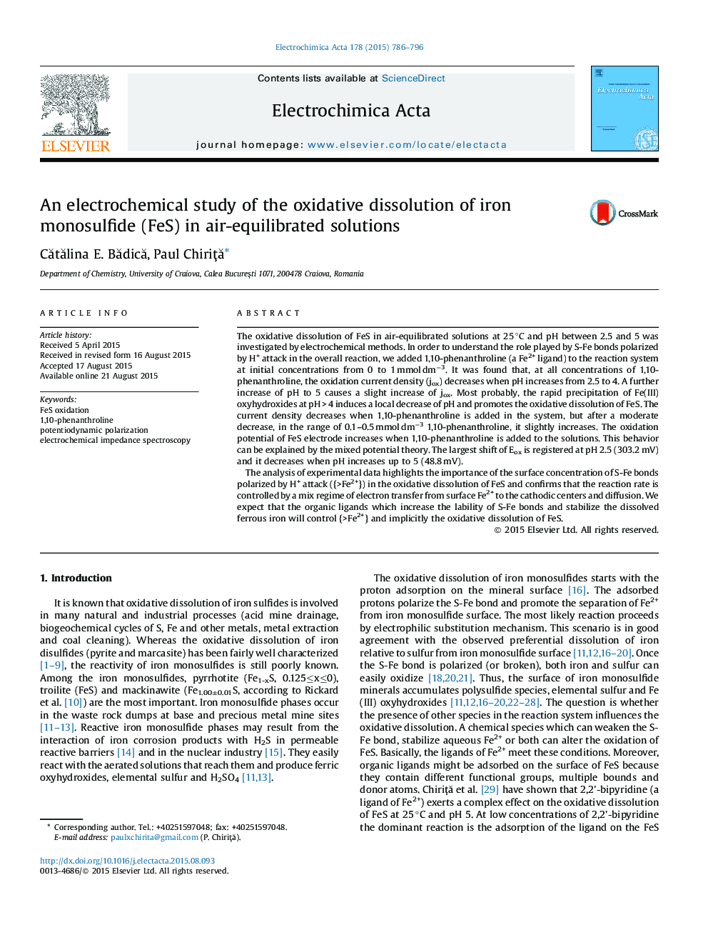 An electrochemical study of the oxidative dissolution of iron monosulfide (FeS) in air-equilibrated solutions