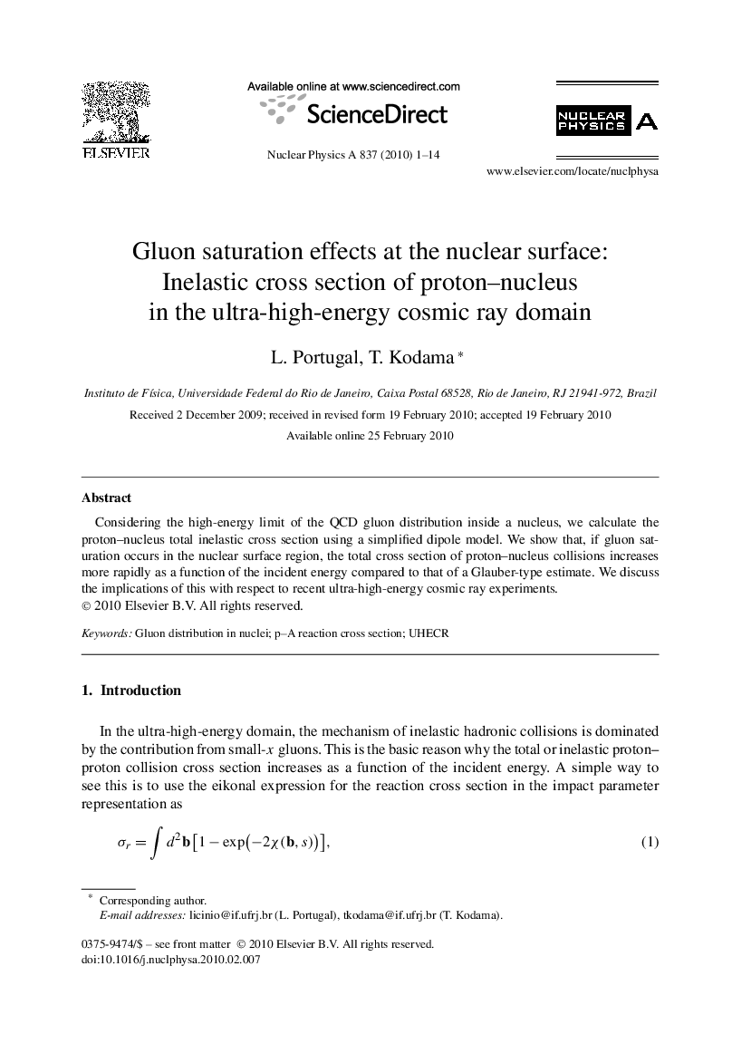 عکس صفحه اول مقاله: Gluon saturation effects at the nuclear surface: Inelastic cross section of proton–nucleus in the ultra-high-energy cosmic ray domain Gluon saturation effects at the nuclear surface: Inelastic cross section of proton–nucleus in the ultra-high-energy cosmic ray domain
