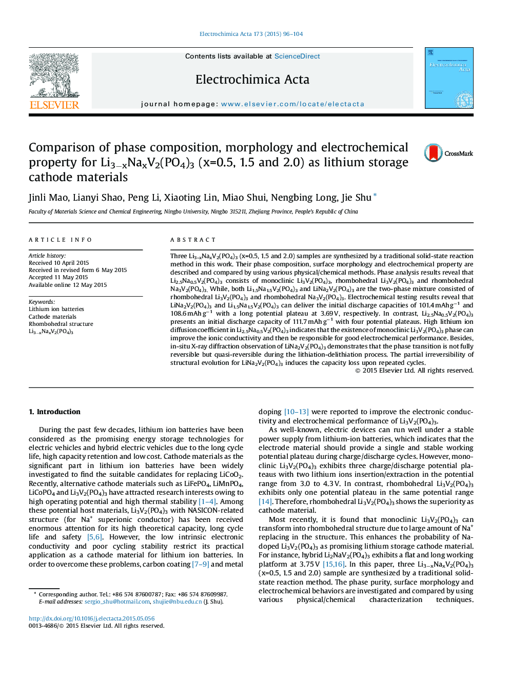 Comparison of phase composition, morphology and electrochemical property for Li3−xNaxV2(PO4)3 (x=0.5, 1.5 and 2.0) as lithium storage cathode materials