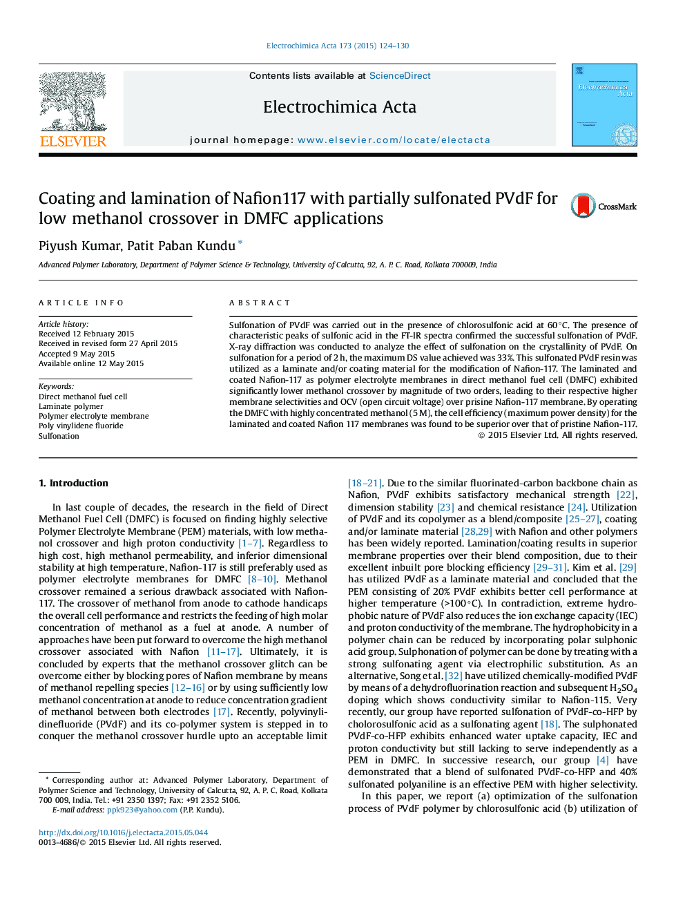 Coating and lamination of Nafion117 with partially sulfonated PVdF for low methanol crossover in DMFC applications