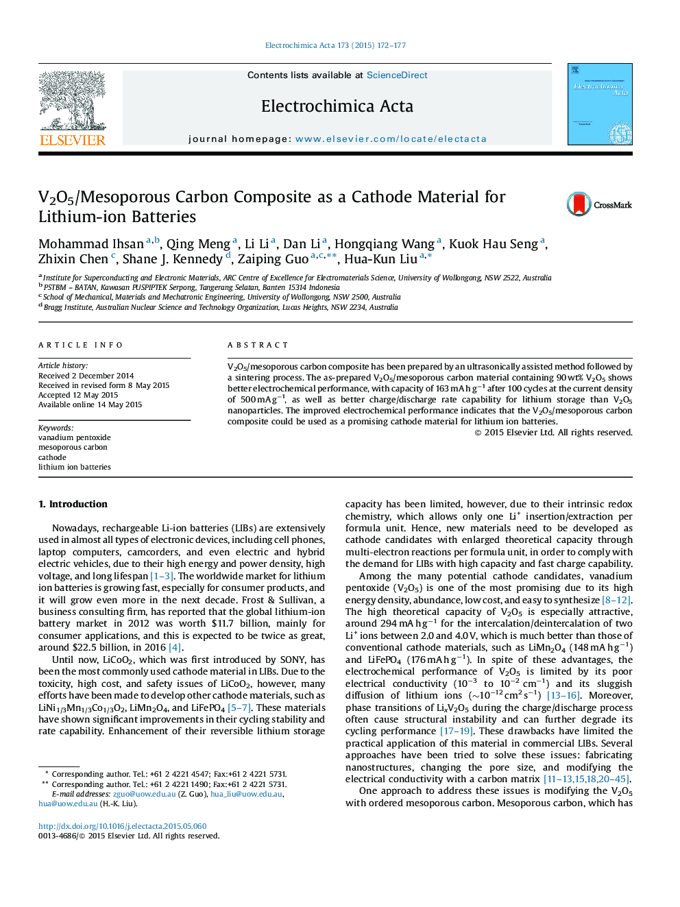V2O5/Mesoporous Carbon Composite as a Cathode Material for Lithium-ion Batteries