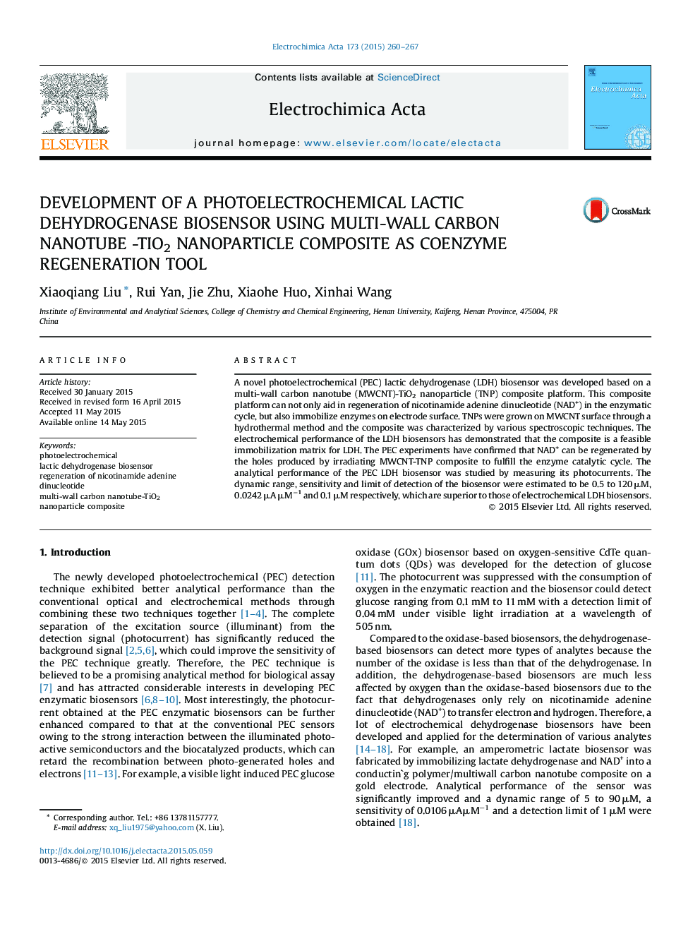 DEVELOPMENT OF A PHOTOELECTROCHEMICAL LACTIC DEHYDROGENASE BIOSENSOR USING MULTI-WALL CARBON NANOTUBE -TIO2 NANOPARTICLE COMPOSITE AS COENZYME REGENERATION TOOL