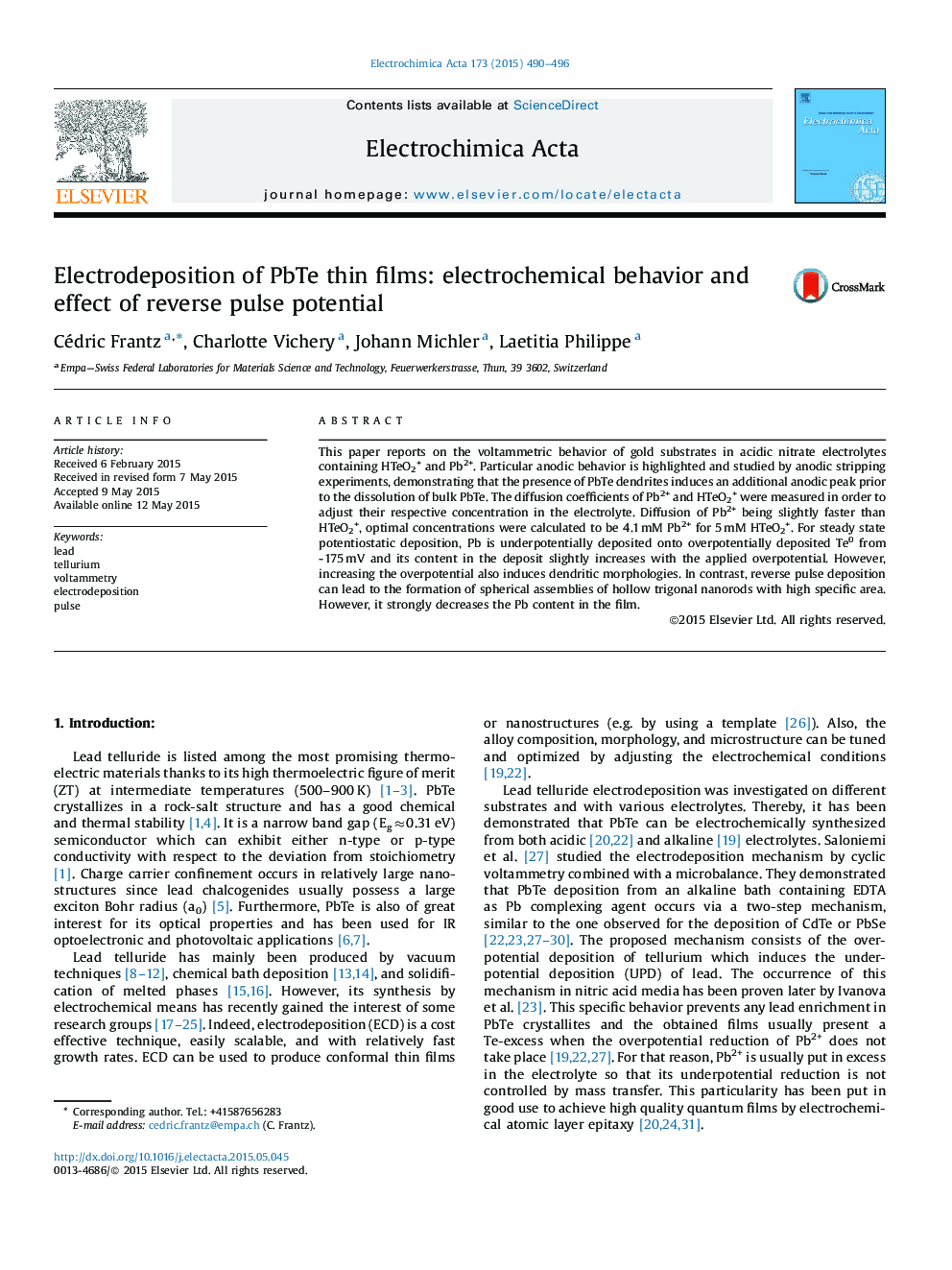 عکس صفحه اول مقاله: Electrodeposition of PbTe thin films: electrochemical behavior and effect of reverse pulse potential Electrodeposition of PbTe thin films: electrochemical behavior and effect of reverse pulse potential