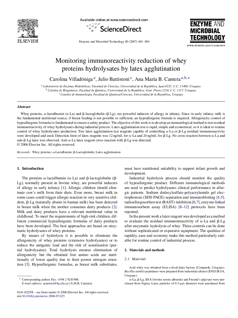 Monitoring immunoreactivity reduction of whey proteins hydrolysates by latex agglutination