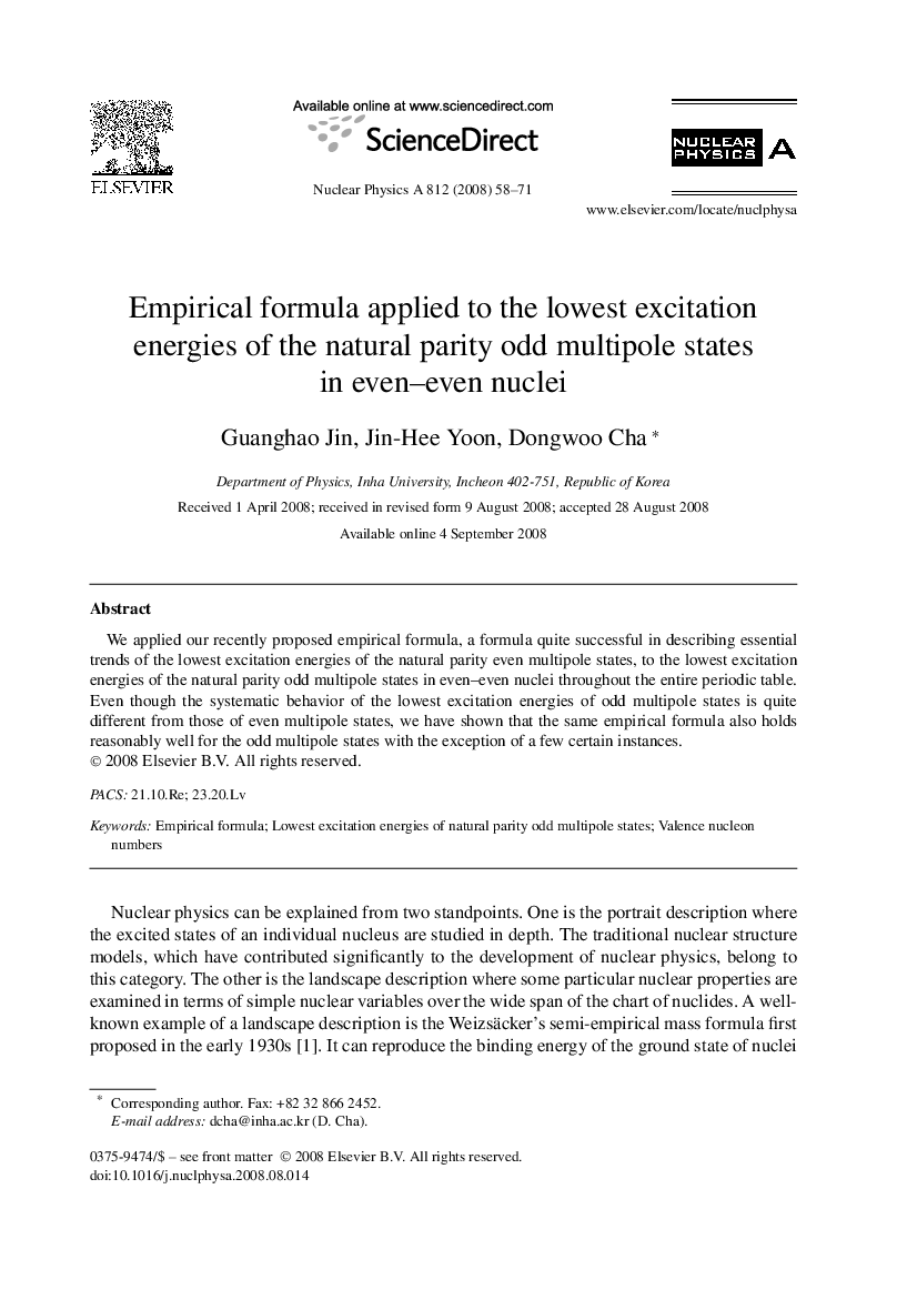 عکس صفحه اول مقاله: Empirical formula applied to the lowest excitation energies of the natural parity odd multipole states in even–even nuclei Empirical formula applied to the lowest excitation energies of the natural parity odd multipole states in even–even nuclei