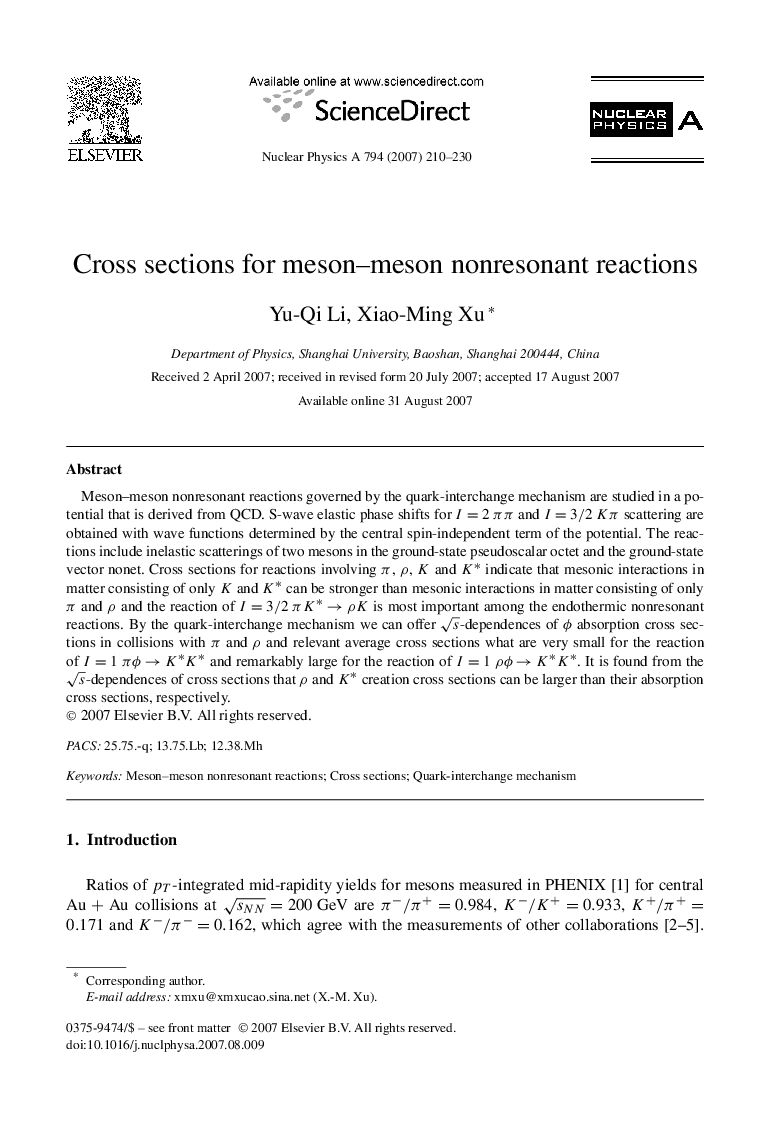 Cross sections for meson–meson nonresonant reactions