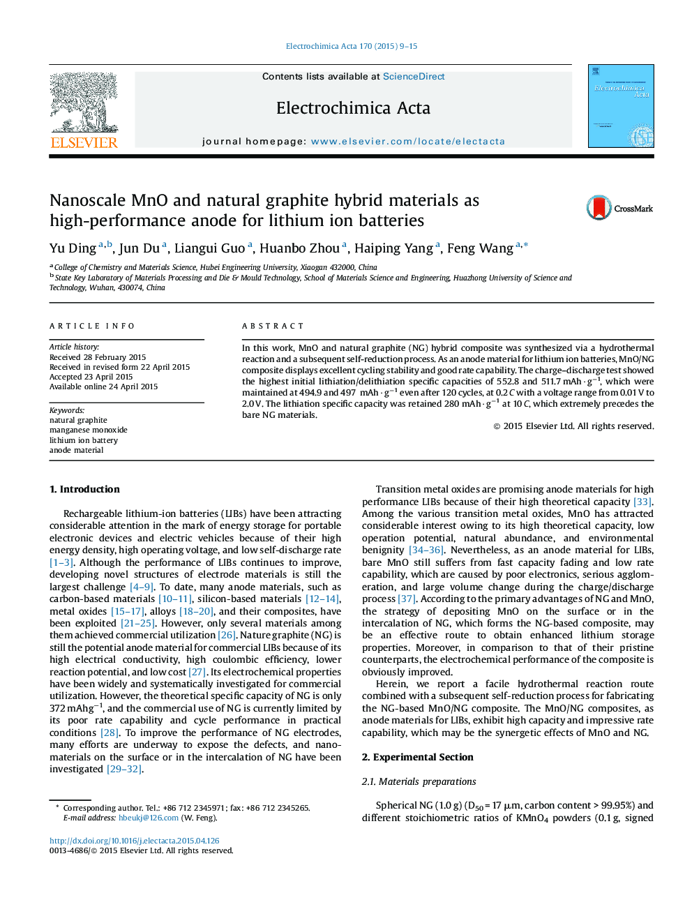 Nanoscale MnO and natural graphite hybrid materials as high-performance anode for lithium ion batteries