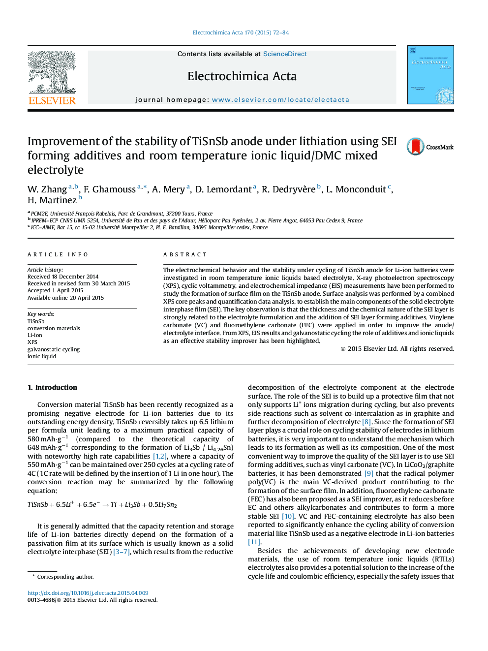 Improvement of the stability of TiSnSb anode under lithiation using SEI forming additives and room temperature ionic liquid/DMC mixed electrolyte
