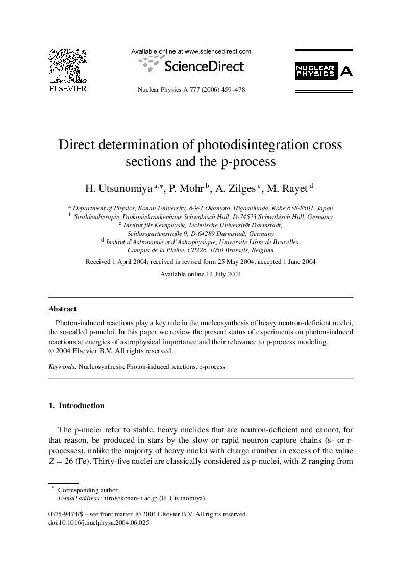 عکس صفحه اول مقاله: Direct determination of photodisintegration cross sections and the p-process Direct determination of photodisintegration cross sections and the p-process