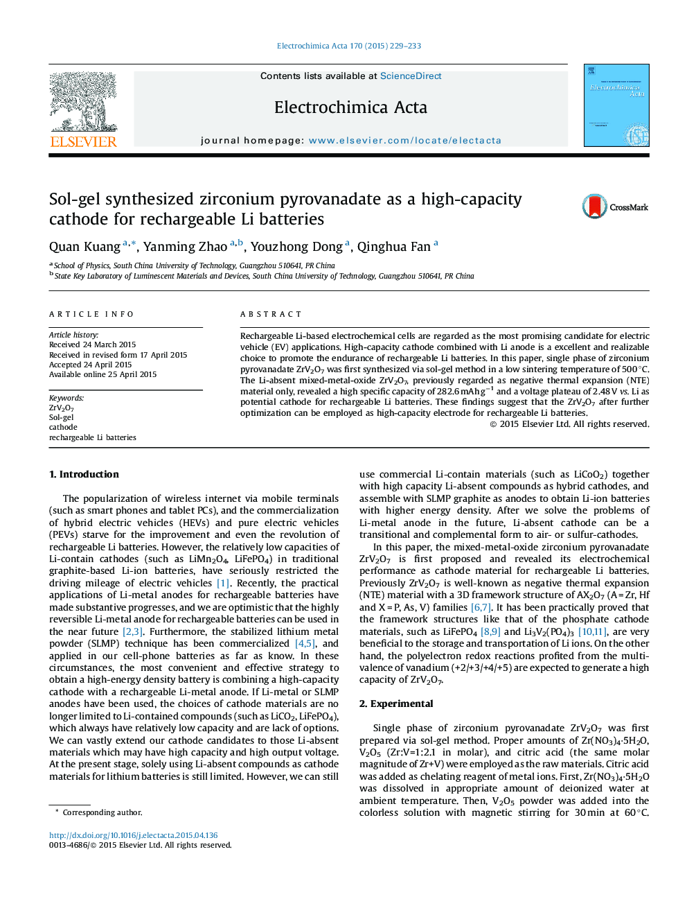 Sol-gel synthesized zirconium pyrovanadate as a high-capacity cathode for rechargeable Li batteries