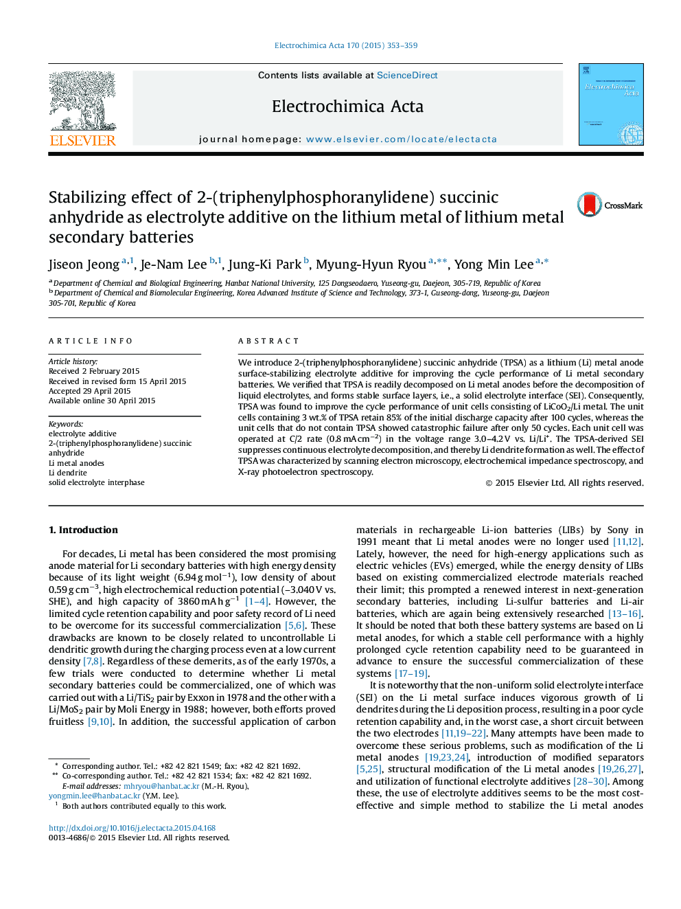 Stabilizing effect of 2-(triphenylphosphoranylidene) succinic anhydride as electrolyte additive on the lithium metal of lithium metal secondary batteries