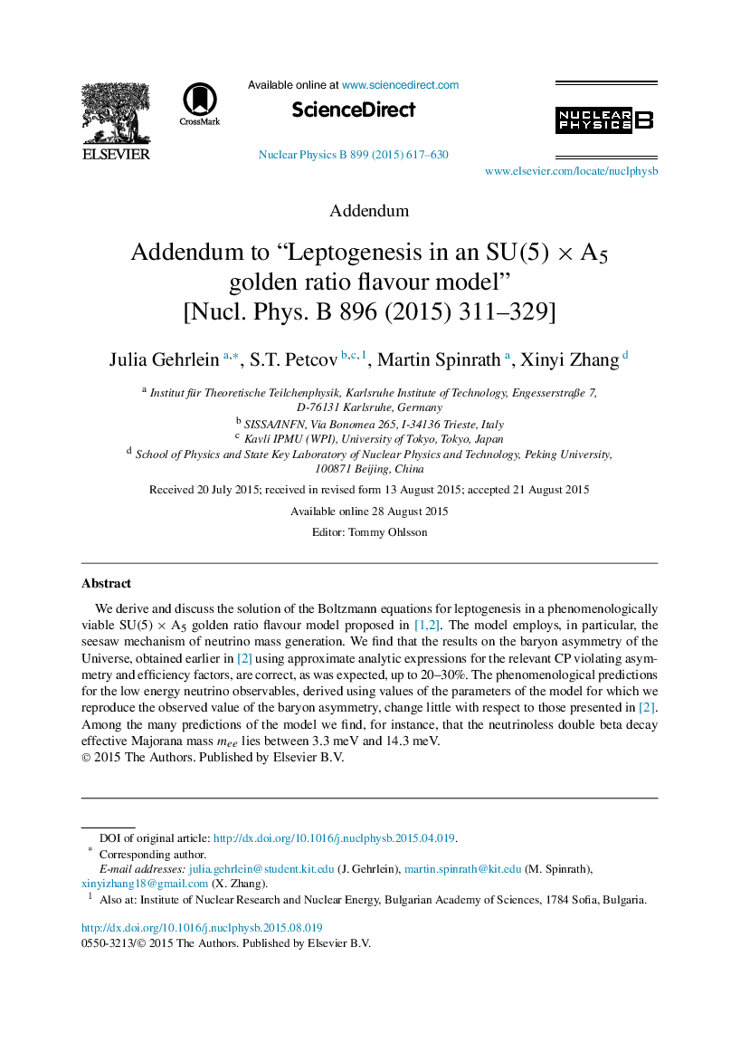 Addendum to “Leptogenesis in an SU(5)×A5SU(5)×A5 golden ratio flavour model” [Nucl. Phys. B 896 (2015) 311–329]