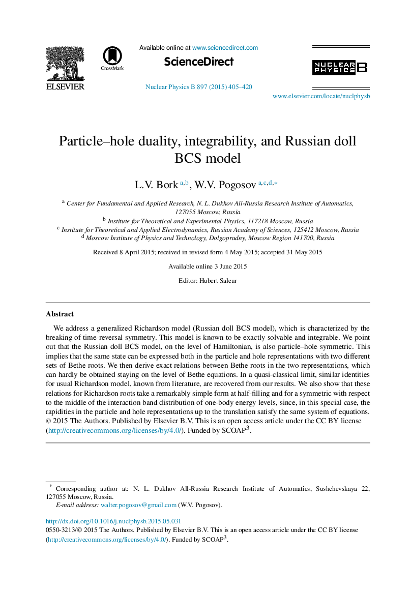 Particle–hole duality, integrability, and Russian doll BCS model
