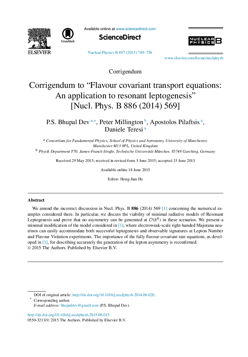Corrigendum to “Flavour covariant transport equations: An application to resonant leptogenesis” [Nucl. Phys. B 886 (2014) 569]