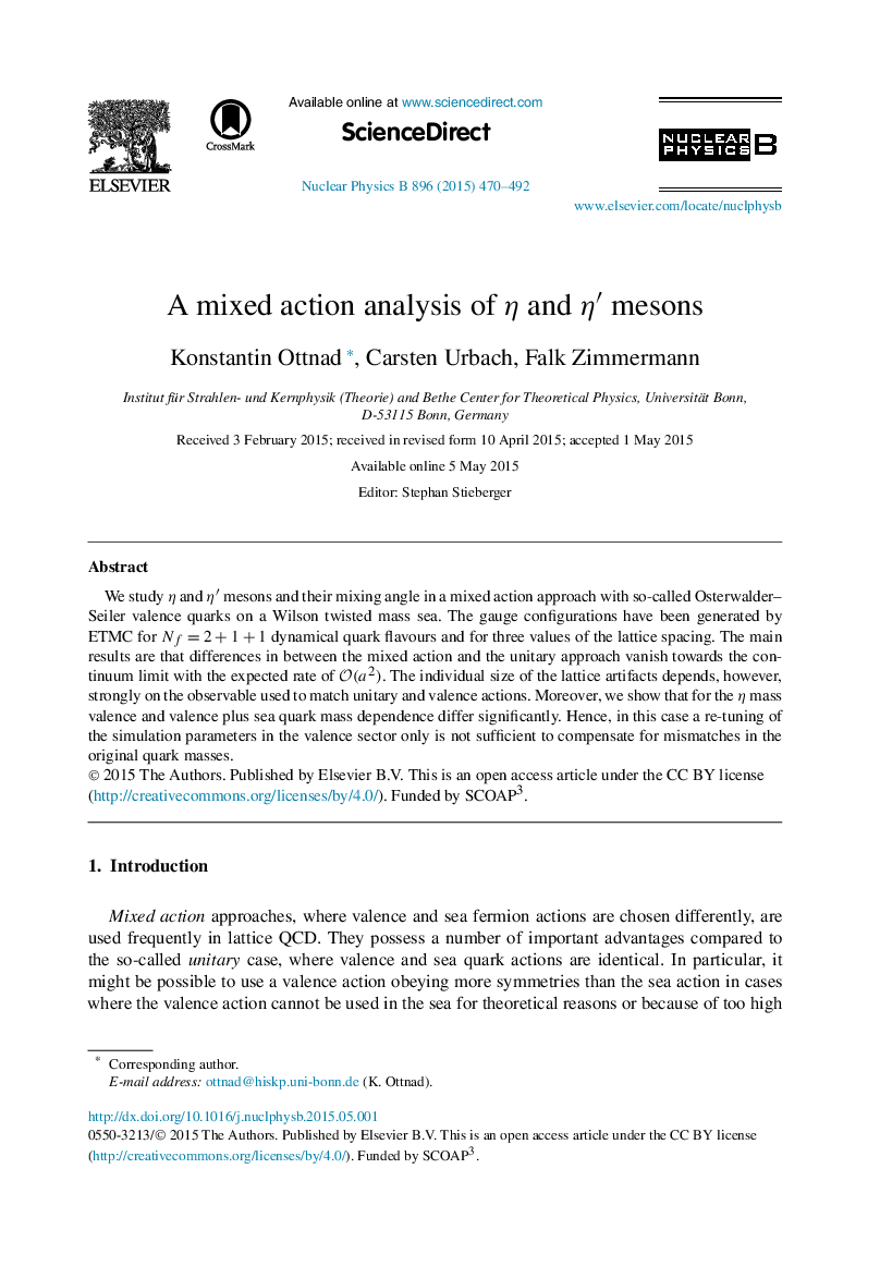 عکس صفحه اول مقاله: A mixed action analysis of η and η′η′ mesons A mixed action analysis of η and η′η′ mesons