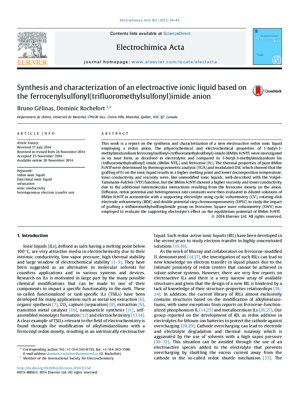 Synthesis and characterization of an electroactive ionic liquid based on the ferrocenylsulfonyl(trifluoromethylsulfonyl)imide anion