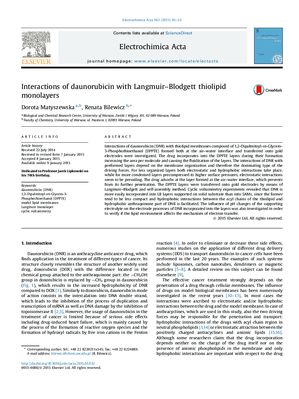 Interactions of daunorubicin with Langmuir–Blodgett thiolipid monolayers