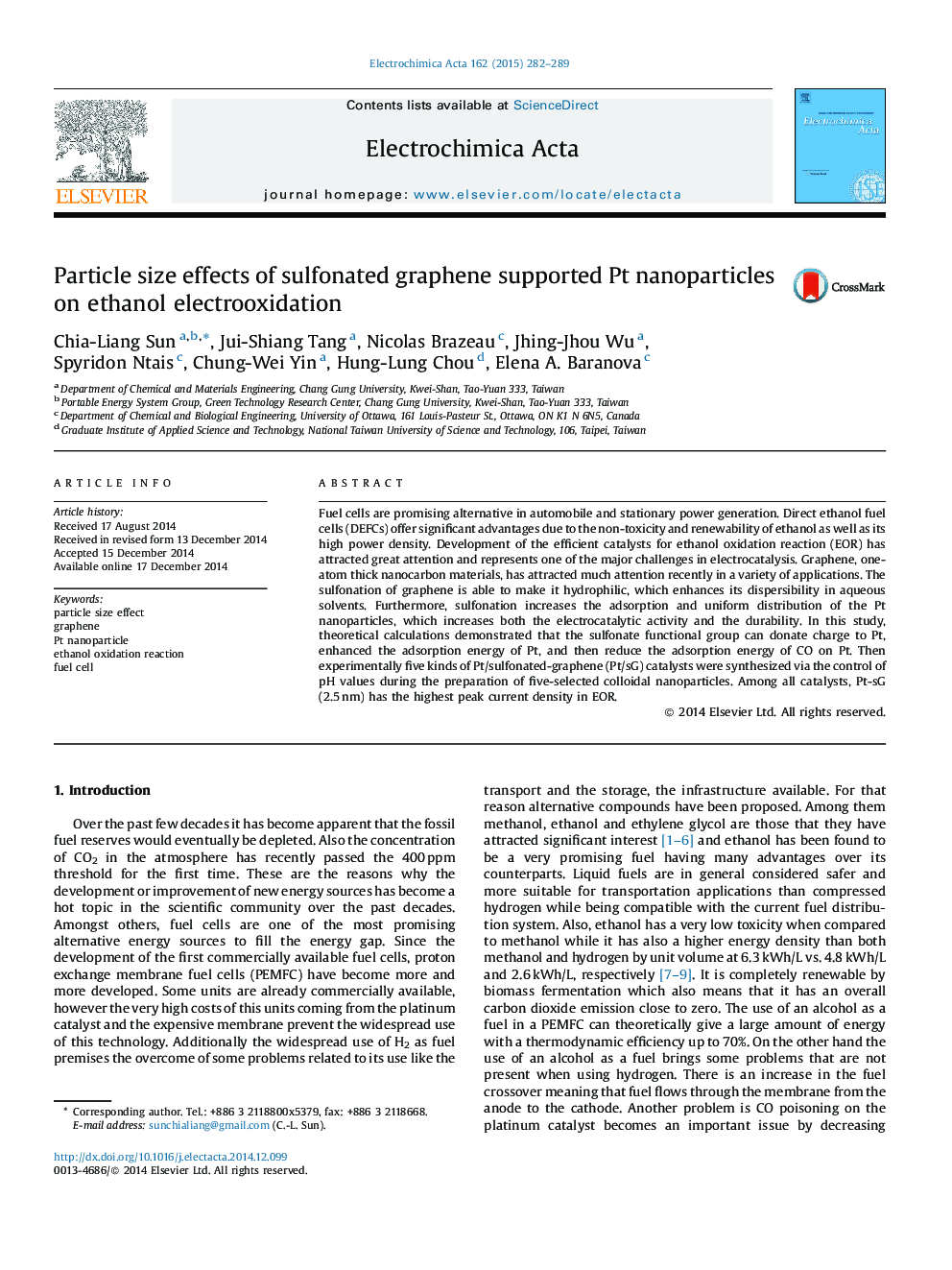 Particle size effects of sulfonated graphene supported Pt nanoparticles on ethanol electrooxidation