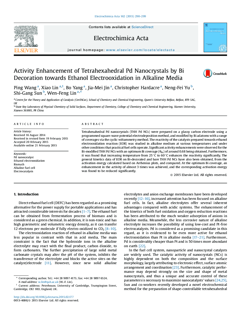 Activity Enhancement of Tetrahexahedral Pd Nanocrystals by Bi Decoration towards Ethanol Electrooxidation in Alkaline Media
