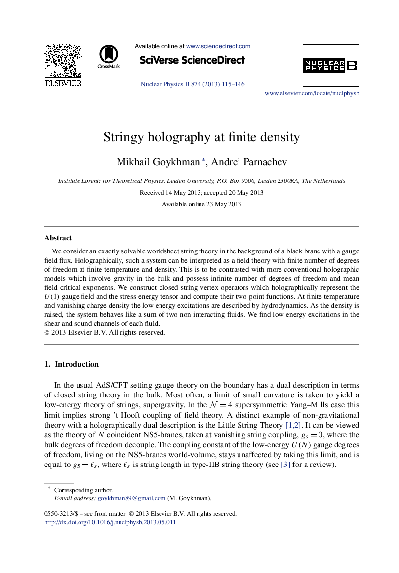 عکس صفحه اول مقاله: Stringy holography at finite density Stringy holography at finite density