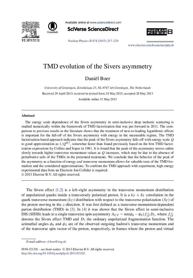 عکس صفحه اول مقاله: TMD evolution of the Sivers asymmetry TMD evolution of the Sivers asymmetry