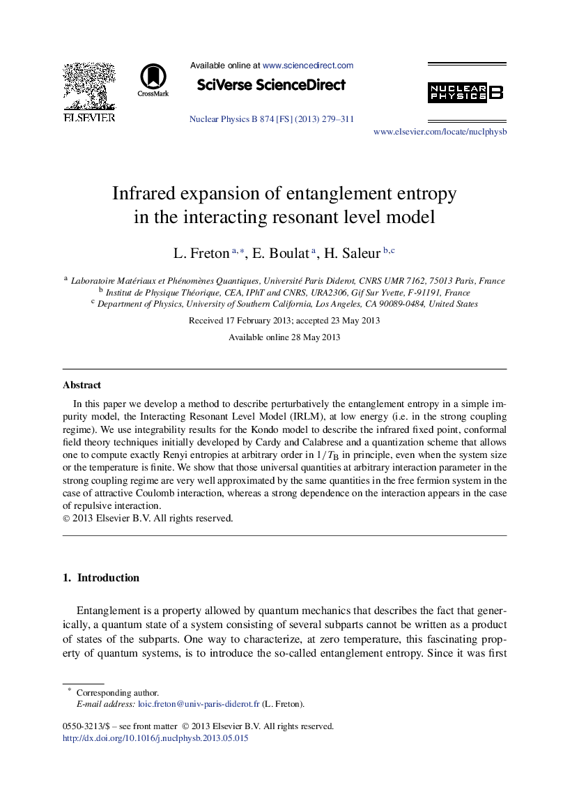 Infrared expansion of entanglement entropy in the interacting resonant level model
